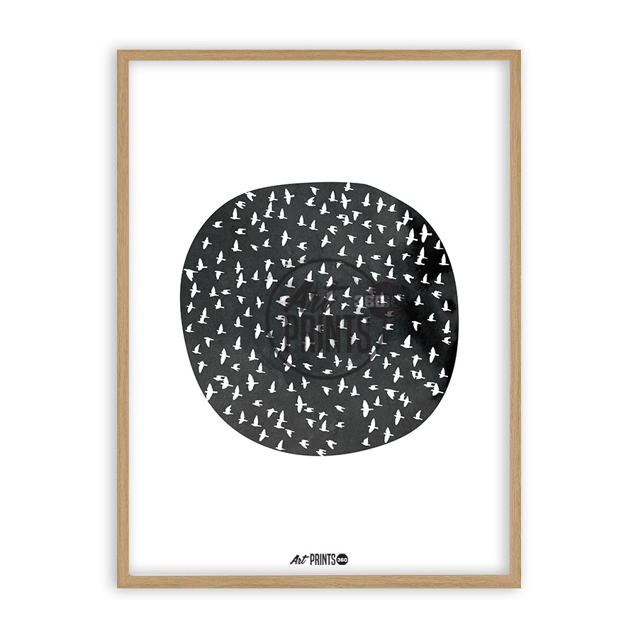 Flock of Birds in a Circle - Black and White Minimalistic Art, Abstract Design. Unframed