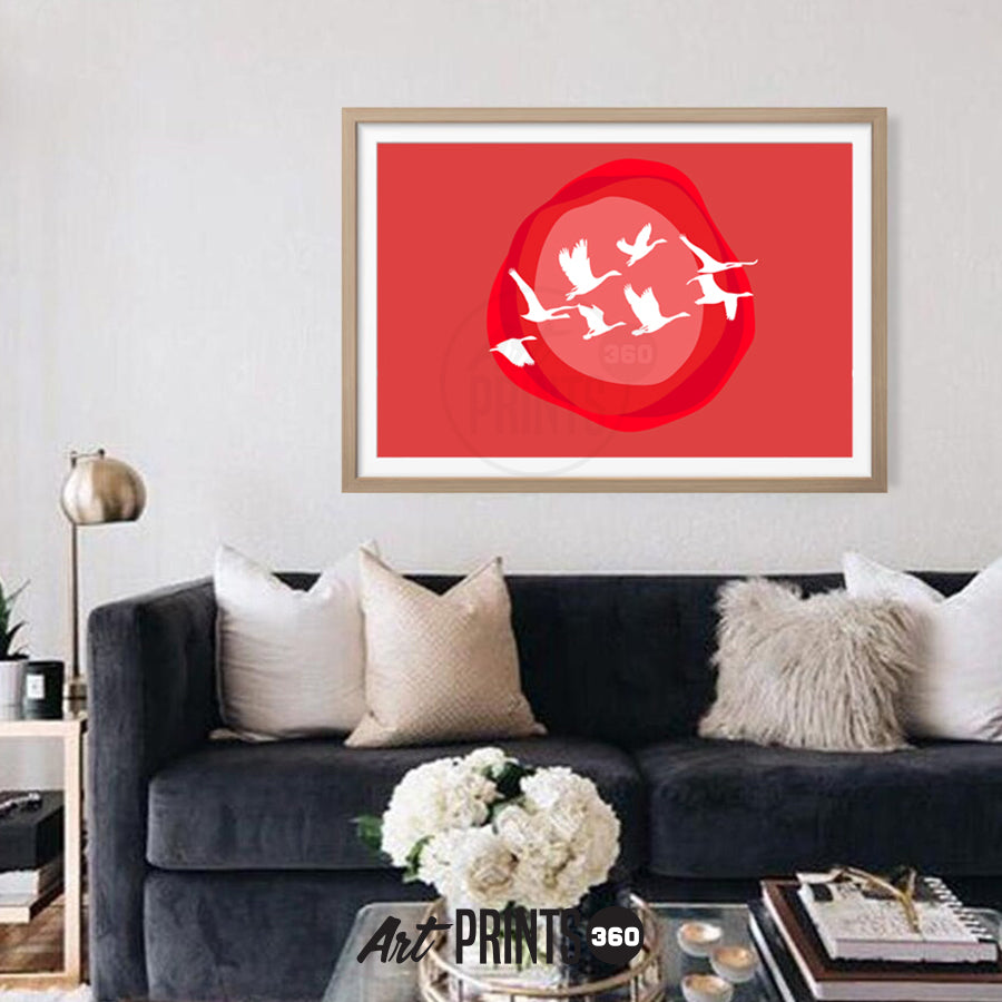 Flock of Swans Flying Across Vibrant Sunset Colors – Abstract Art for a Bold Touch of Nature in Home Decor