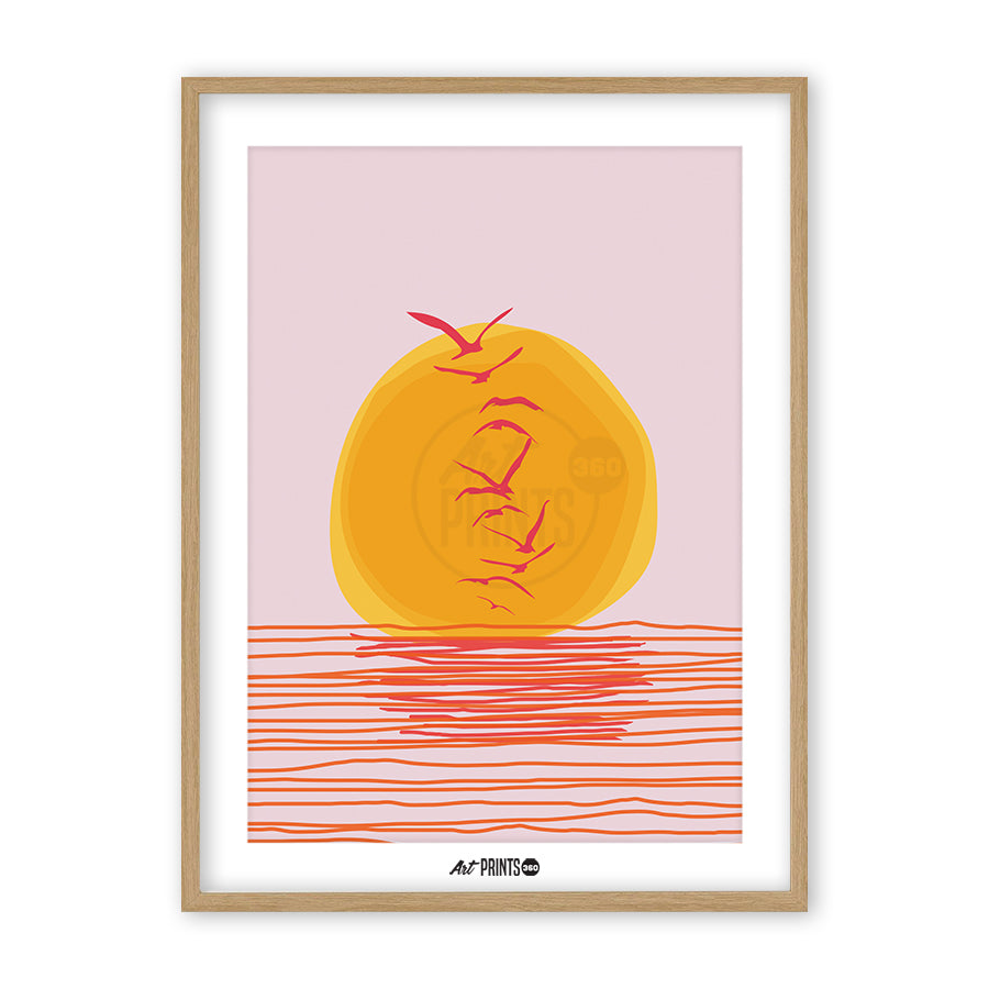 Sunset with Seagulls -Sunset with Seagulls - Minimalist line Abstract Modern Art - touch of vibrant colors space decor. Unframed art.