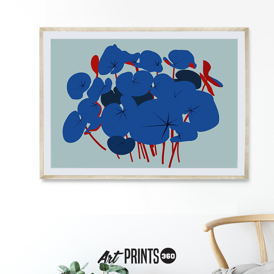 Inseparable Beauty in Red and Blue: Abstract Botanical Art Print with Red & Blue Leaves – Colorful Nature Wall Decor for Vibrant Spaces