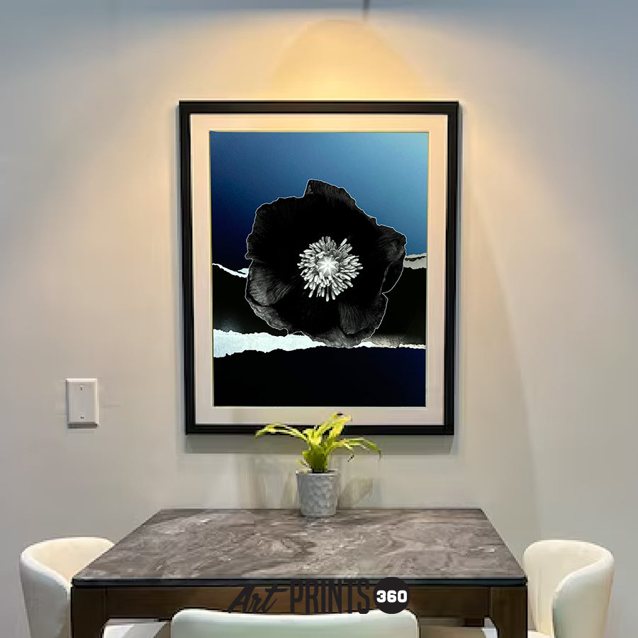 Abstract Black Velvet Garden: Black Flower Art on Blue Background – Modern, Elegant Design for Home Decor