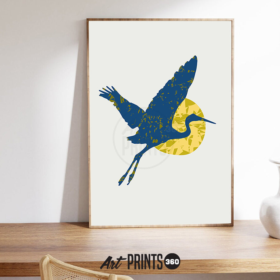 Blue Heron Wall Art: Flying Bird Abstract Minimalist Art – Modern Decor for Nature Lovers