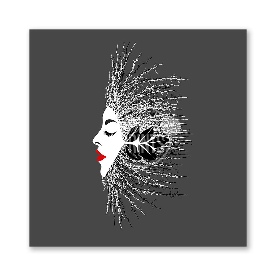 
This artwork features a profile view of a woman's face, stylized with a smooth oval shape. Her closed eyes and bold red lips create a striking contrast against her white skin. Intricate black and white branches radiate around her, suggesting growth, while a dark leaf adds depth. The neutral gray-charcoal background enhances the overall elegance and energy.