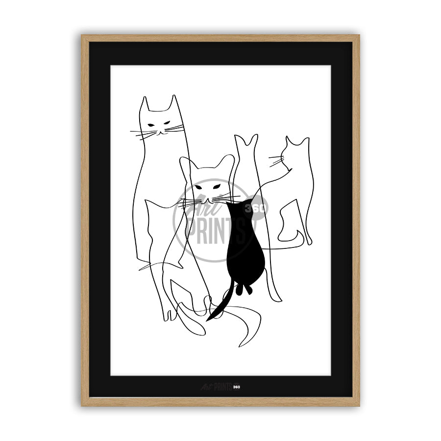 Six Cats Meet: Abstract Line Drawing Art Print – Minimalist Modern Cat Art for Home Decor