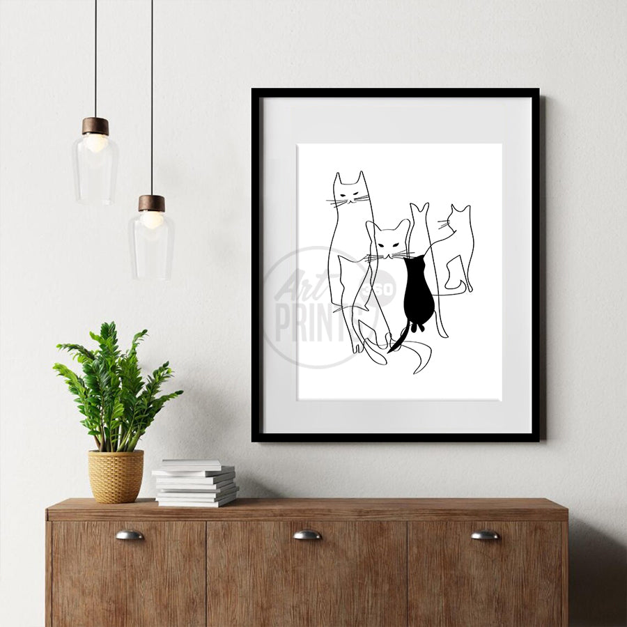 Six Cats Meet: Abstract Line Drawing Art Print – Minimalist Modern Cat Art for Home Decor