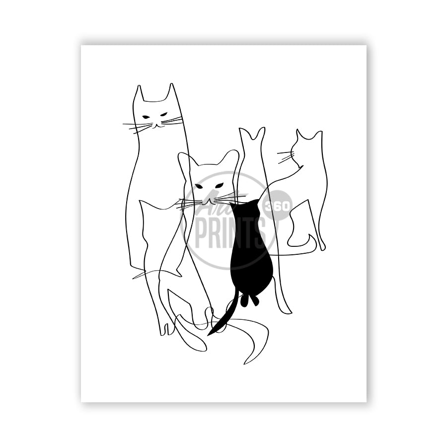 Six Cats Meet: Abstract Line Drawing Art Print – Minimalist Modern Cat Art for Home Decor