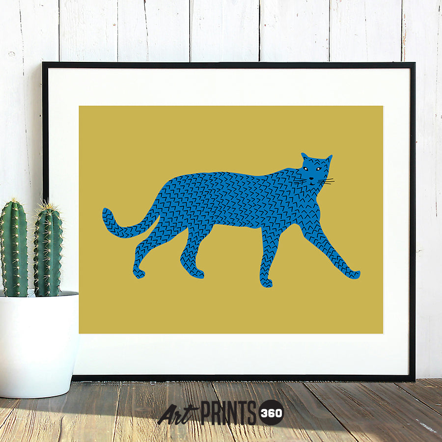 Blue Cheetah Wall Art Decor: Trendy Aesthetic Print for Vibrant Space – Minimalist Mid-Century, Modern look, Leopard Art Statement Piece